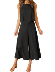 ROYLAMP Women's Summer 2 Piece Outfits Round Neck Crop Basic Top Cropped Wide Leg Pants Set Jumpsuits