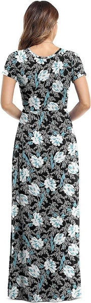 DEARCASE Maxi Dress for Women Black Medium Crewneck Short Sleeves Wedding Guest A-line Casual Party Vintage Spring Summer Beach Long Dresses with Pockets