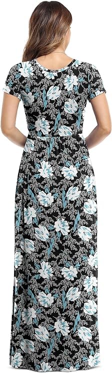 DEARCASE Maxi Dress for Women Black Medium Crewneck Short Sleeves Wedding Guest A-line Casual Party Vintage Spring Summer Beach Long Dresses with Pockets
