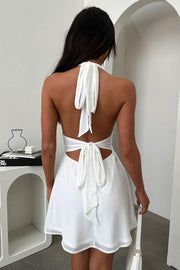 GOKATOSAU Women's Halter Deep V Neck Flowy Chiffon Bow Tie Backless Summer Mini Dress