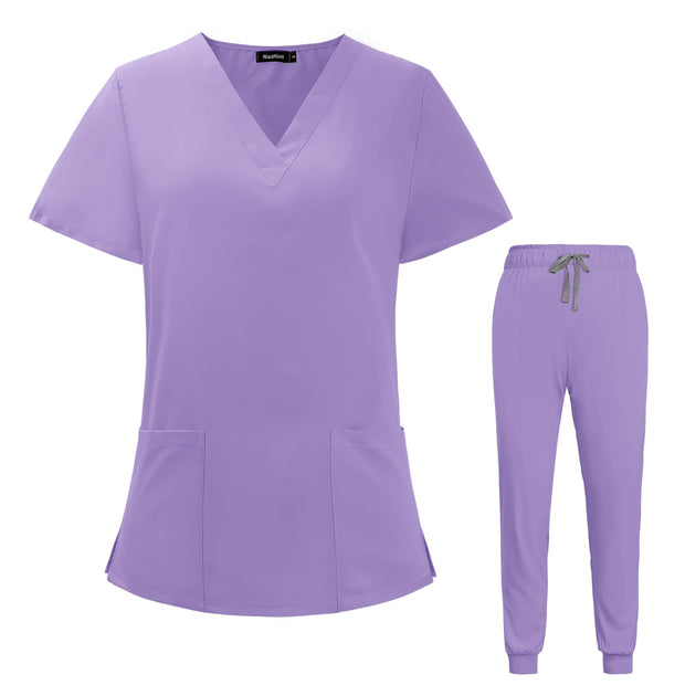 VIAOLI Scrubs for Women Set V-Neck Pocket Top & Drawstring Jogger Scrub Pants Stretch Nursing Scrubs Set Uniform