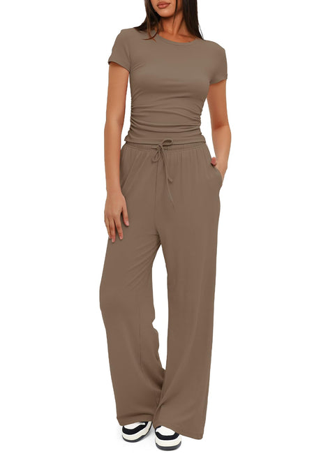 Darong Women's 2 Piece Outfits Lounge Sets Ruched Short Sleeve Tops High Waisted Wide Leg Pants Tracksuit Sets