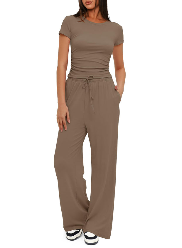 Darong Women's 2 Piece Outfits Lounge Sets Ruched Short Sleeve Tops High Waisted Wide Leg Pants Tracksuit Sets