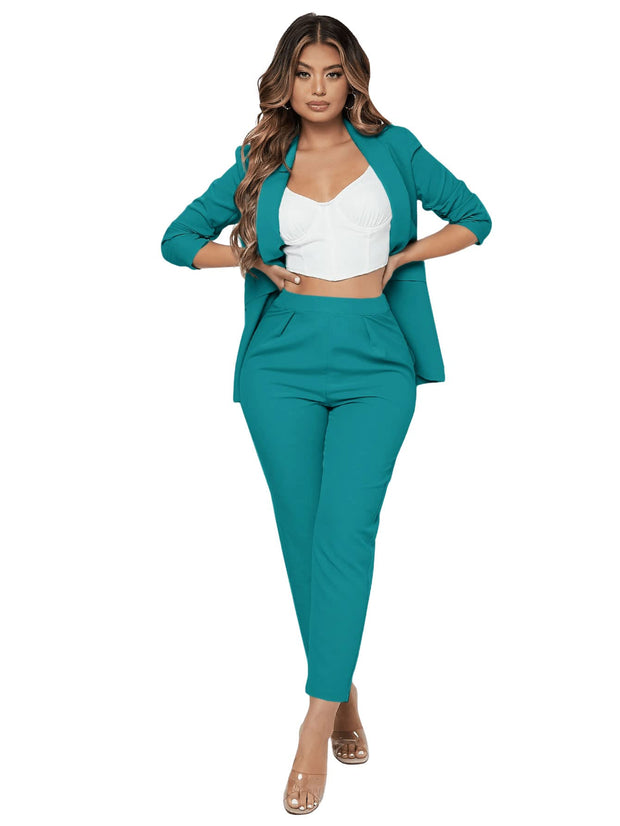 SweatyRocks Women's 2 Piece Solid Ruched Sleeve Blazer and Pants Business Office Suit Set