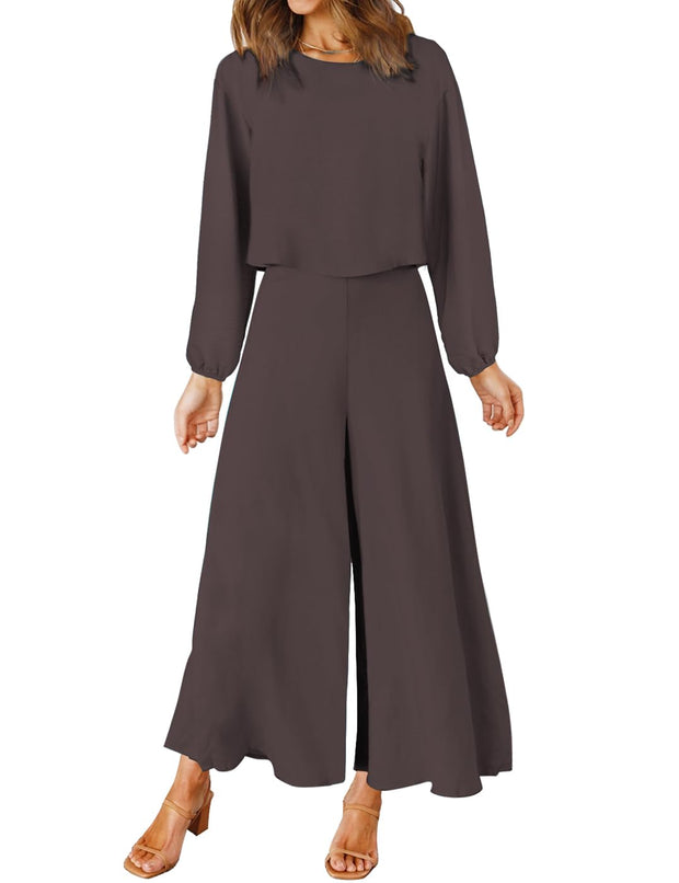 ROYLAMP Women's Summer 2 Piece Outfits Round Neck Crop Basic Top Cropped Wide Leg Pants Set Jumpsuits