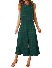 ROYLAMP Women's Summer 2 Piece Outfits Round Neck Crop Basic Top Cropped Wide Leg Pants Set Jumpsuits
