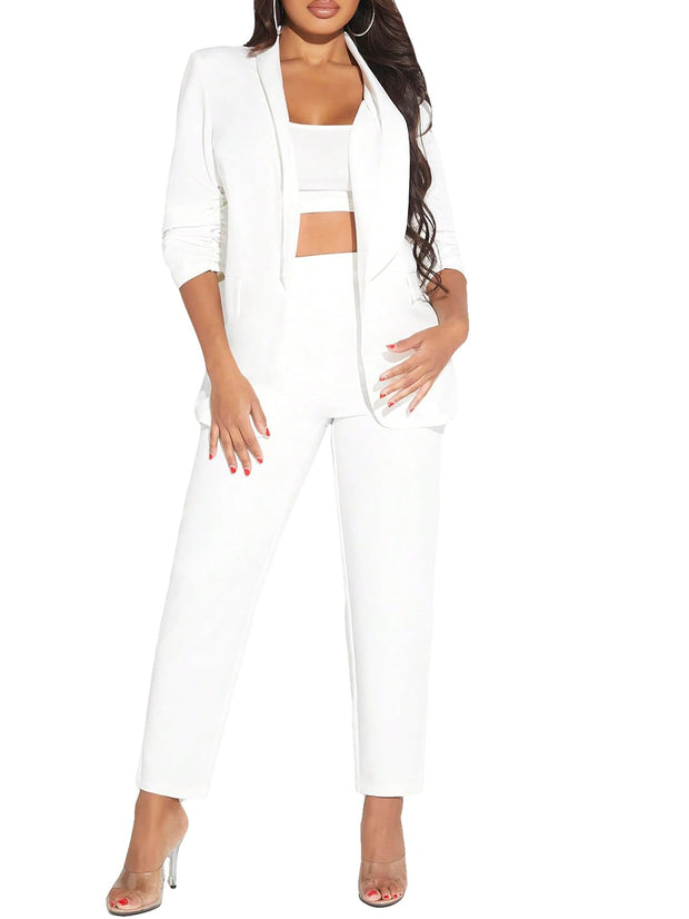 SweatyRocks Women's 2 Piece Solid Ruched Sleeve Blazer and Pants Business Office Suit Set