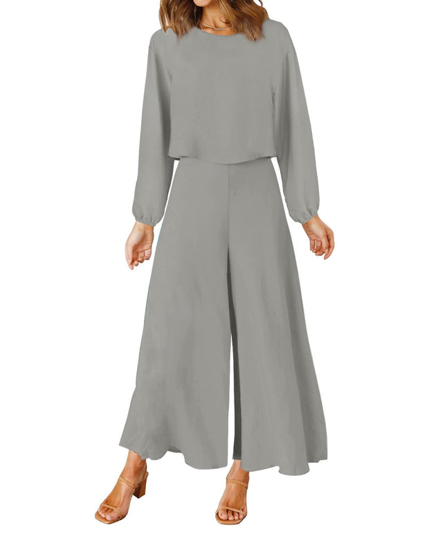 ROYLAMP Women's Summer 2 Piece Outfits Round Neck Crop Basic Top Cropped Wide Leg Pants Set Jumpsuits