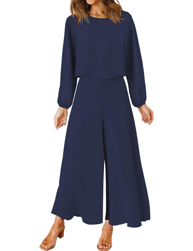 ROYLAMP Women's Summer 2 Piece Outfits Round Neck Crop Basic Top Cropped Wide Leg Pants Set Jumpsuits
