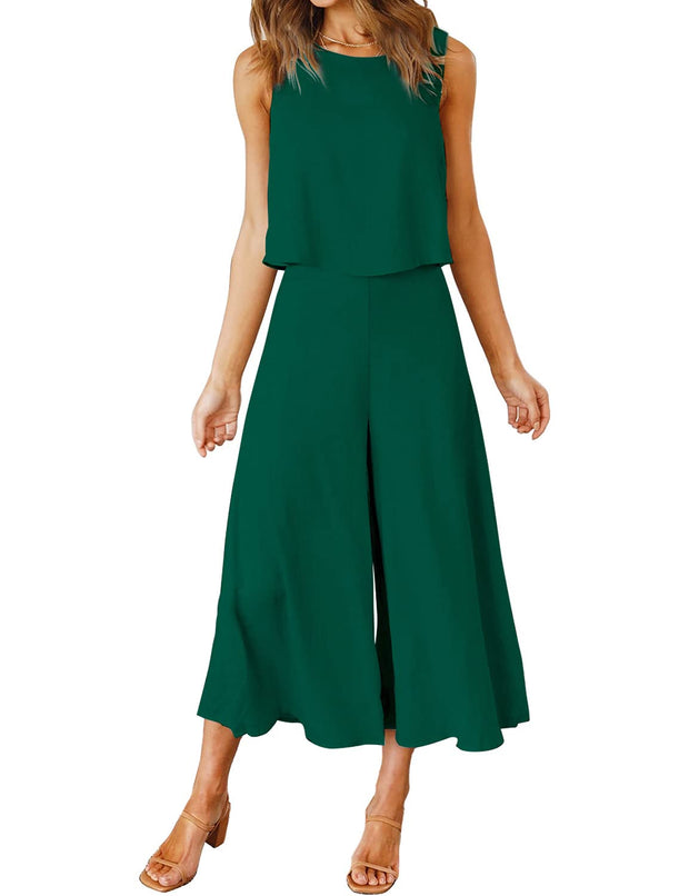 ROYLAMP Women's Summer 2 Piece Outfits Round Neck Crop Basic Top Cropped Wide Leg Pants Set Jumpsuits