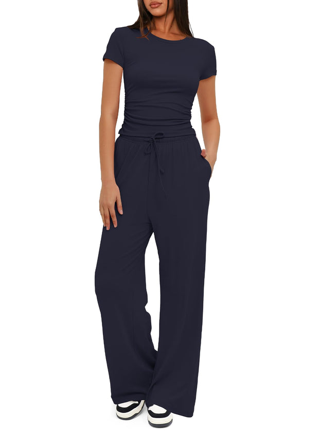 Darong Women's 2 Piece Outfits Lounge Sets Ruched Short Sleeve Tops High Waisted Wide Leg Pants Tracksuit Sets