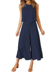 ROYLAMP Women's Summer 2 Piece Outfits Round Neck Crop Basic Top Cropped Wide Leg Pants Set Jumpsuits