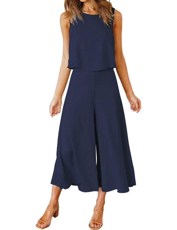ROYLAMP Women's Summer 2 Piece Outfits Round Neck Crop Basic Top Cropped Wide Leg Pants Set Jumpsuits