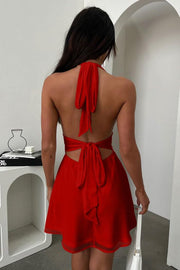 GOKATOSAU Women's Halter Deep V Neck Flowy Chiffon Bow Tie Backless Summer Mini Dress