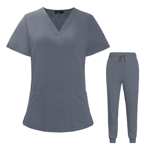 VIAOLI Scrubs for Women Set V-Neck Pocket Top & Drawstring Jogger Scrub Pants Stretch Nursing Scrubs Set Uniform