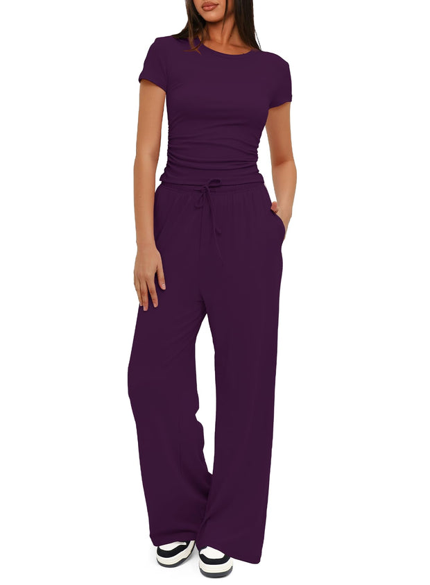 Darong Women's 2 Piece Outfits Lounge Sets Ruched Short Sleeve Tops High Waisted Wide Leg Pants Tracksuit Sets