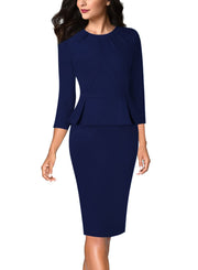 VFSHOW Womens Pleated Crew Neck Peplum Work Business Office Bodycon Pencil Sheath Dress