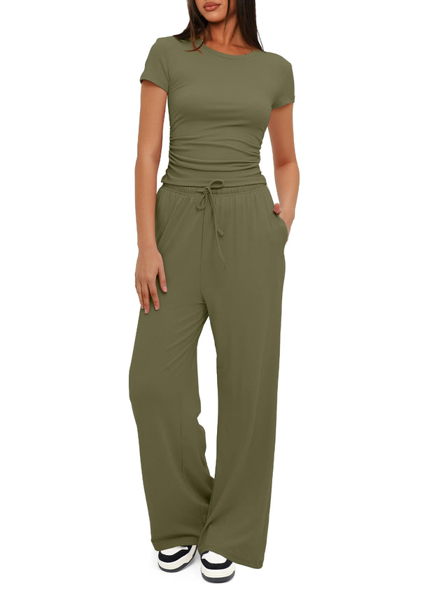 Darong Women's 2 Piece Outfits Lounge Sets Ruched Short Sleeve Tops High Waisted Wide Leg Pants Tracksuit Sets
