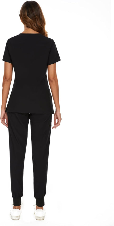 COZYFIT Scrubs for Women Set - Stretch V-Neck Scrub Top & Jogger Pant with 8 Pockets