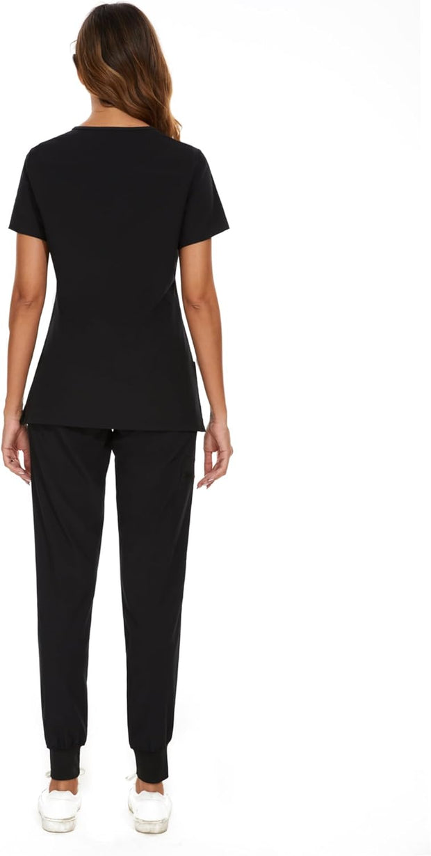 COZYFIT Scrubs for Women Set - Stretch V-Neck Scrub Top & Jogger Pant with 8 Pockets