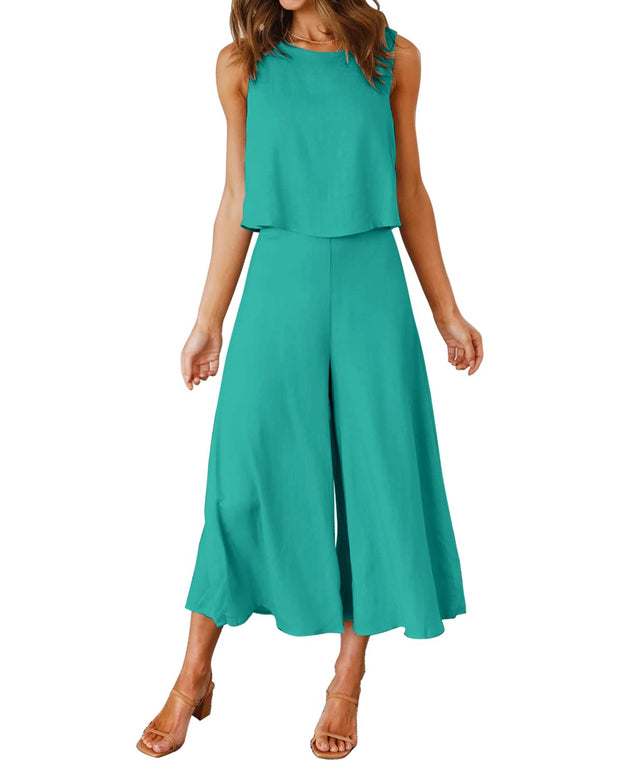 ROYLAMP Women's Summer 2 Piece Outfits Round Neck Crop Basic Top Cropped Wide Leg Pants Set Jumpsuits