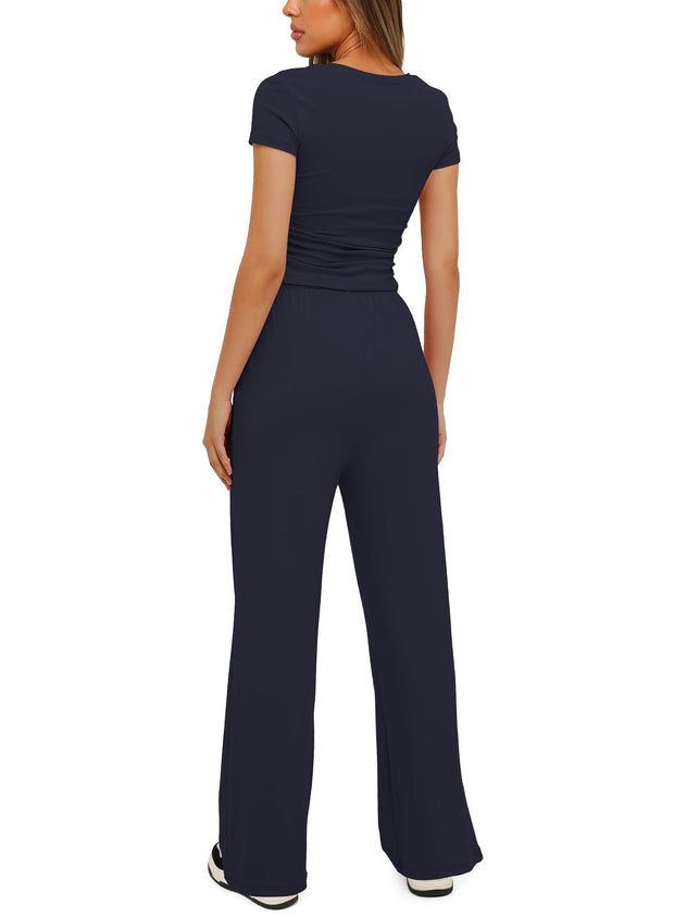 Darong Women's 2 Piece Outfits Lounge Sets Ruched Short Sleeve Tops High Waisted Wide Leg Pants Tracksuit Sets