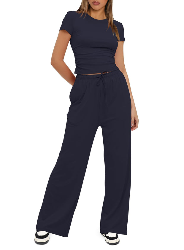 Darong Women's 2 Piece Outfits Lounge Sets Ruched Short Sleeve Tops High Waisted Wide Leg Pants Tracksuit Sets