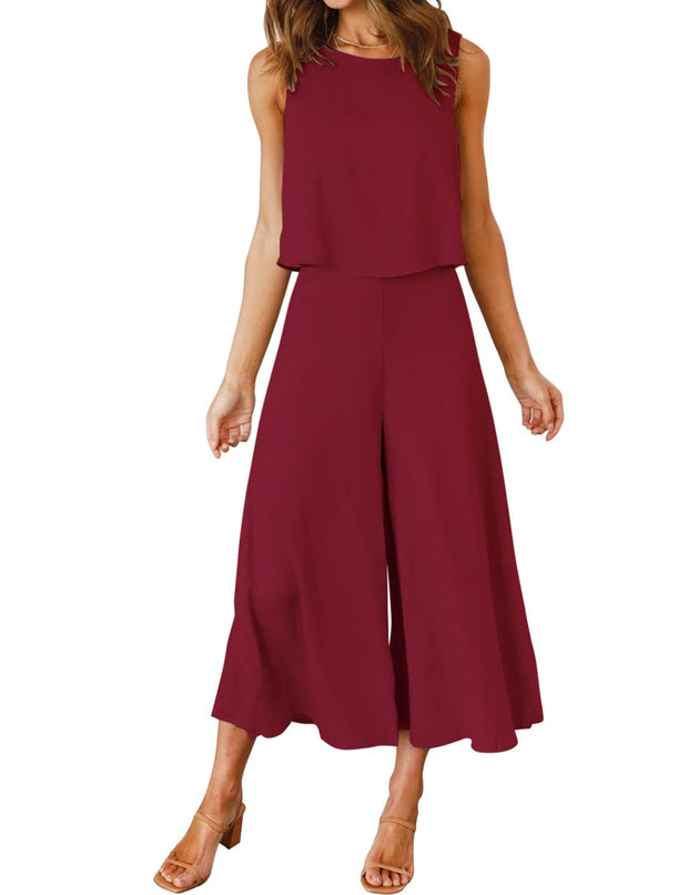 ROYLAMP Women's Summer 2 Piece Outfits Round Neck Crop Basic Top Cropped Wide Leg Pants Set Jumpsuits