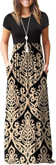 DEARCASE Maxi Dress for Women Black Medium Crewneck Short Sleeves Wedding Guest A-line Casual Party Vintage Spring Summer Beach Long Dresses with Pockets