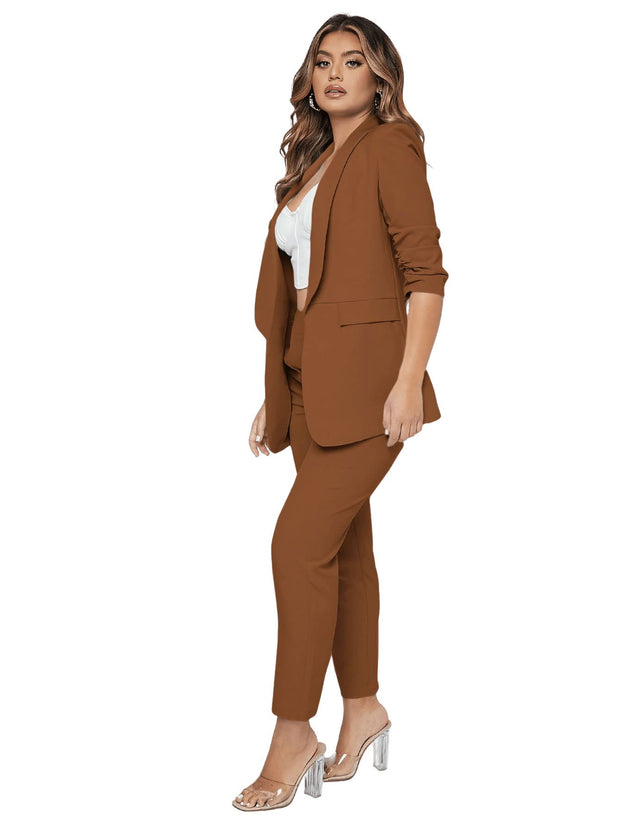 SweatyRocks Women's 2 Piece Solid Ruched Sleeve Blazer and Pants Business Office Suit Set