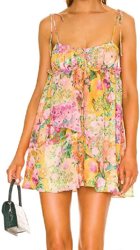 Summer Floral Boho Dresses for Women Spaghetti Straps Beach Dress Ruffle Sexy Mini Dress