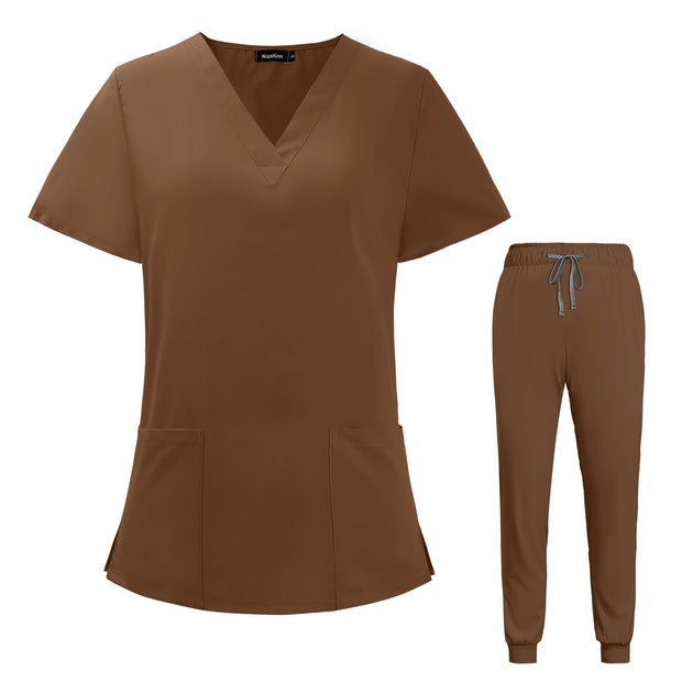 VIAOLI Scrubs for Women Set V-Neck Pocket Top & Drawstring Jogger Scrub Pants Stretch Nursing Scrubs Set Uniform