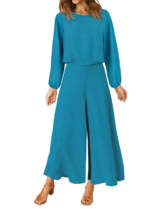 ROYLAMP Women's Summer 2 Piece Outfits Round Neck Crop Basic Top Cropped Wide Leg Pants Set Jumpsuits