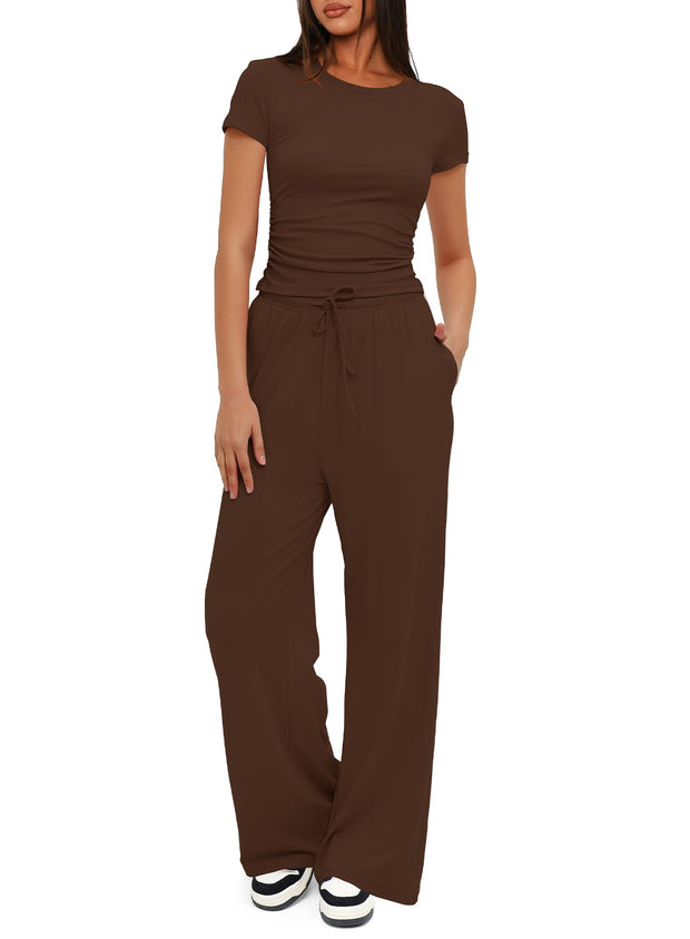 Darong Women's 2 Piece Outfits Lounge Sets Ruched Short Sleeve Tops High Waisted Wide Leg Pants Tracksuit Sets