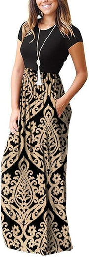 DEARCASE Maxi Dress for Women Black Medium Crewneck Short Sleeves Wedding Guest A-line Casual Party Vintage Spring Summer Beach Long Dresses with Pockets