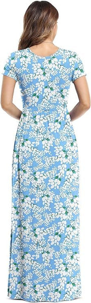 DEARCASE Maxi Dress for Women Black Medium Crewneck Short Sleeves Wedding Guest A-line Casual Party Vintage Spring Summer Beach Long Dresses with Pockets