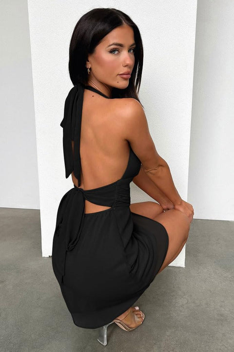 GOKATOSAU Women's Halter Deep V Neck Flowy Chiffon Bow Tie Backless Summer Mini Dress