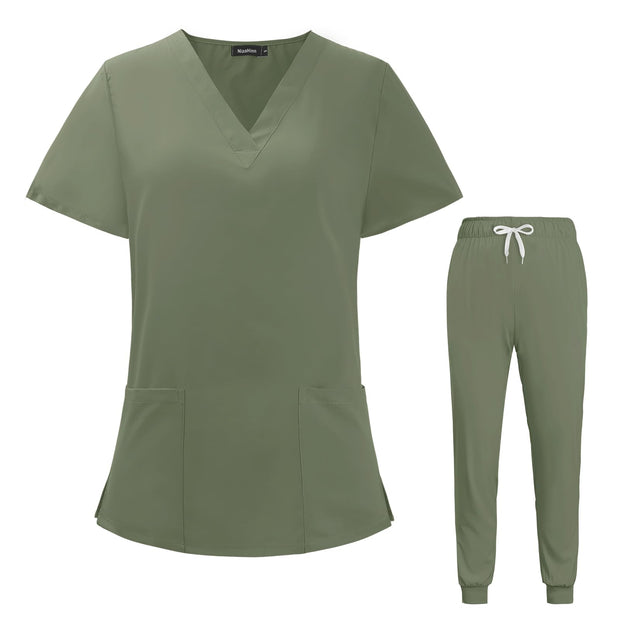 VIAOLI Scrubs for Women Set V-Neck Pocket Top & Drawstring Jogger Scrub Pants Stretch Nursing Scrubs Set Uniform