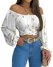 MIRACMODA Woman Off Shoulder Ruched Tie Back Crop Top Summer Lantern Sleeve Boho Shirt Blouse