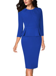 VFSHOW Womens Pleated Crew Neck Peplum Work Business Office Bodycon Pencil Sheath Dress