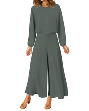 ROYLAMP Women's Summer 2 Piece Outfits Round Neck Crop Basic Top Cropped Wide Leg Pants Set Jumpsuits