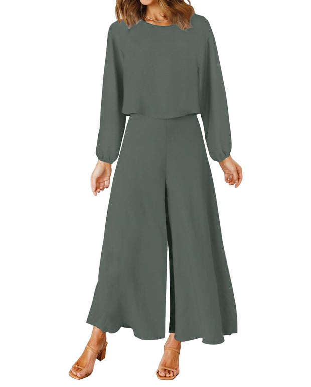 ROYLAMP Women's Summer 2 Piece Outfits Round Neck Crop Basic Top Cropped Wide Leg Pants Set Jumpsuits