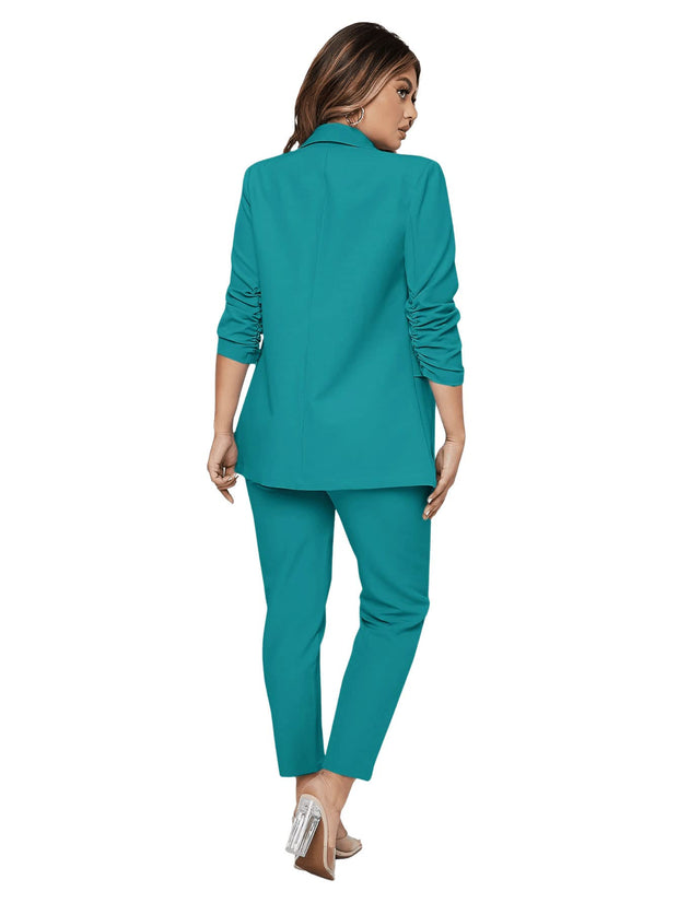 SweatyRocks Women's 2 Piece Solid Ruched Sleeve Blazer and Pants Business Office Suit Set