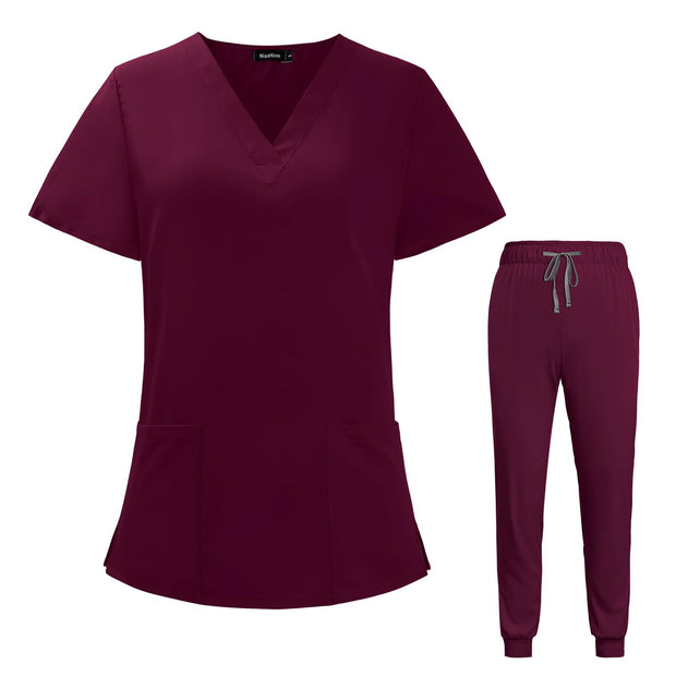 VIAOLI Scrubs for Women Set V-Neck Pocket Top & Drawstring Jogger Scrub Pants Stretch Nursing Scrubs Set Uniform
