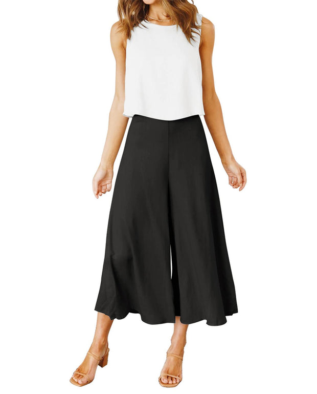 ROYLAMP Women's Summer 2 Piece Outfits Round Neck Crop Basic Top Cropped Wide Leg Pants Set Jumpsuits