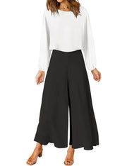 ROYLAMP Women's Summer 2 Piece Outfits Round Neck Crop Basic Top Cropped Wide Leg Pants Set Jumpsuits