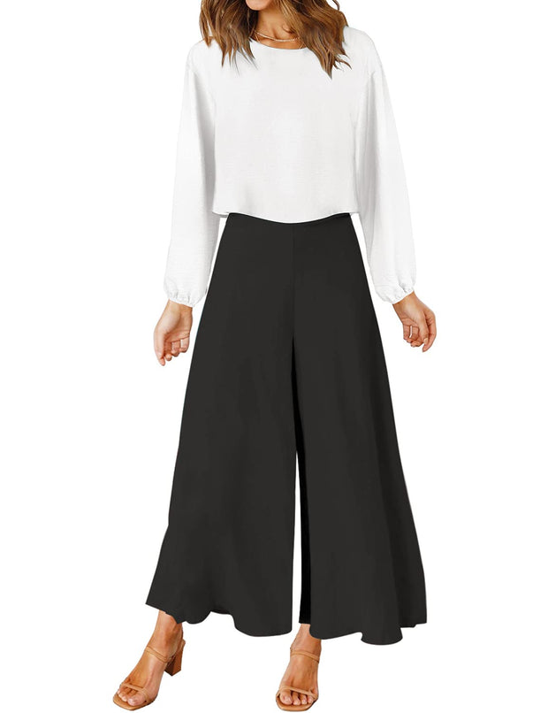 ROYLAMP Women's Summer 2 Piece Outfits Round Neck Crop Basic Top Cropped Wide Leg Pants Set Jumpsuits