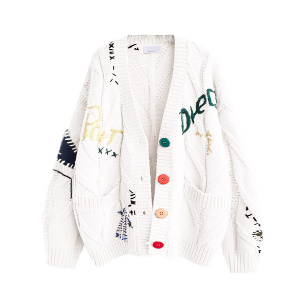 Women's Cable Knit Long Sleeve Open Front Cardigan Sheep V-Neck Button Down Embroidery Wool Blend Sweater Coat Outwear
