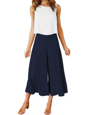 ROYLAMP Women's Summer 2 Piece Outfits Round Neck Crop Basic Top Cropped Wide Leg Pants Set Jumpsuits