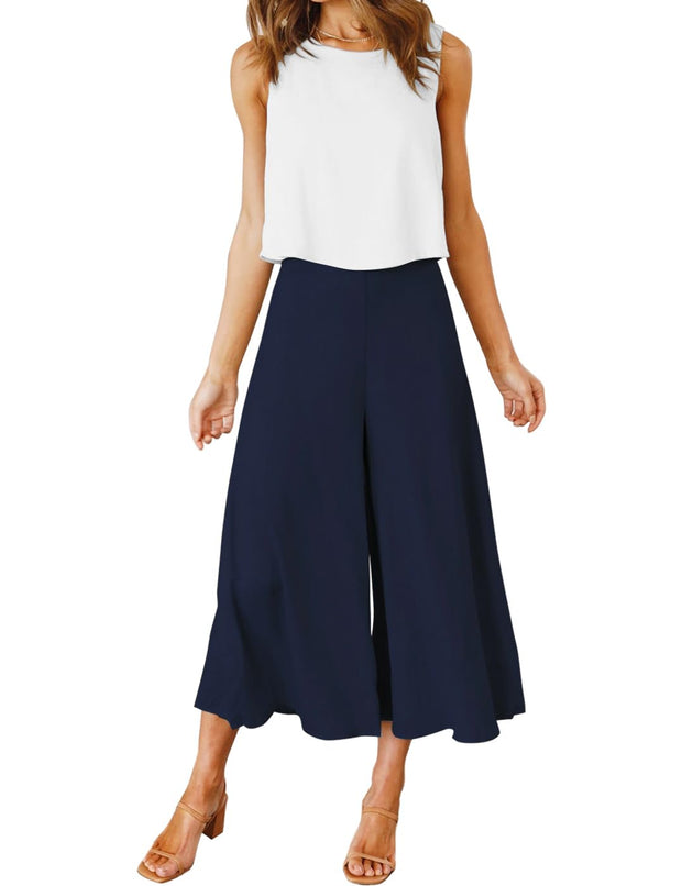 ROYLAMP Women's Summer 2 Piece Outfits Round Neck Crop Basic Top Cropped Wide Leg Pants Set Jumpsuits